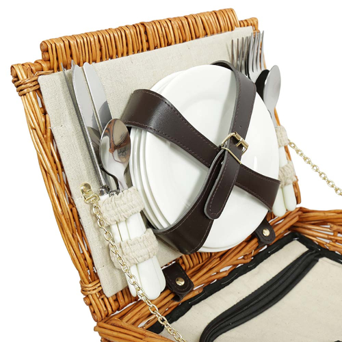 Picknickkorb für 4 Personen, Picknickkoffer aus Weide mit Deckel