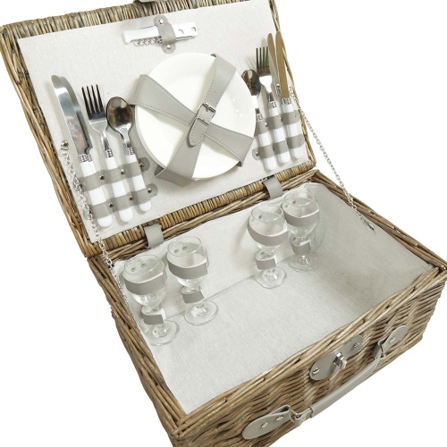 Picknickkorb für 4 Personen, Picknickkoffer aus Weide mit Deckel (43x33x20)