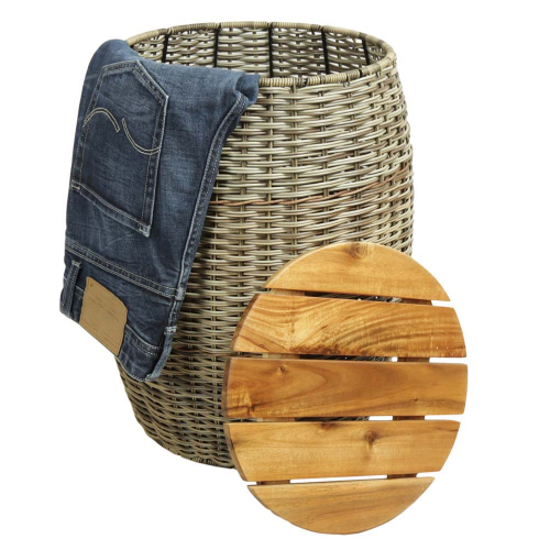 Wäschekorb, Mehrzweckkorb - Korb aus Polyrattan mit Echtholzdeckel (D:42cm H:50cm)