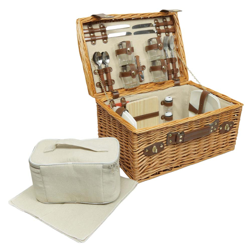 Picknickkorb für 4 Personen, Picknickkoffer aus Weide mit Deckel (40x29x19)